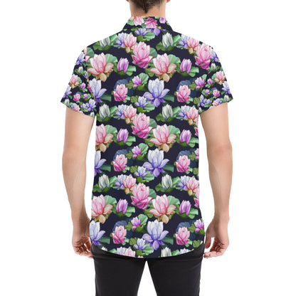 Lotus Flower Print Design Men's Short Sleeve Button Up Shirt