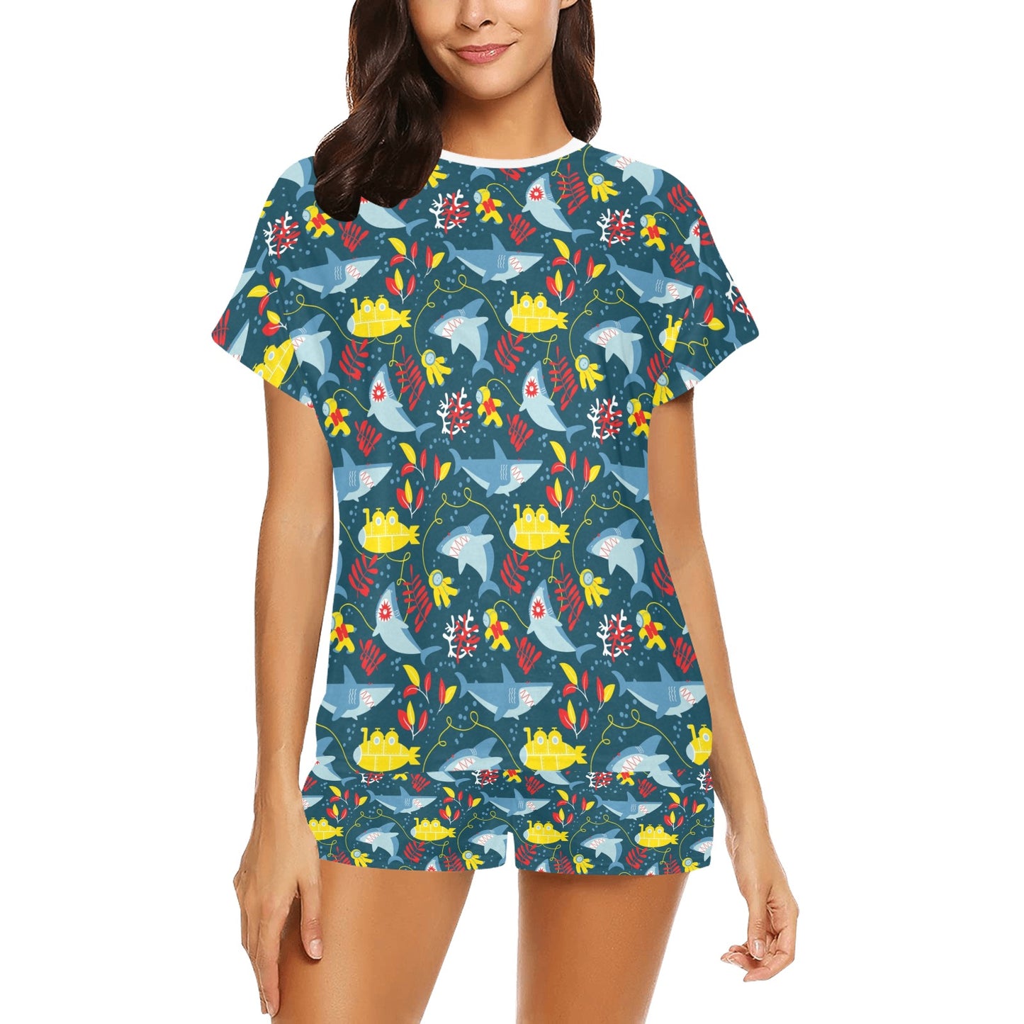 Scuba With Sharks Print Design LKS303 Women's Short Pajama Set