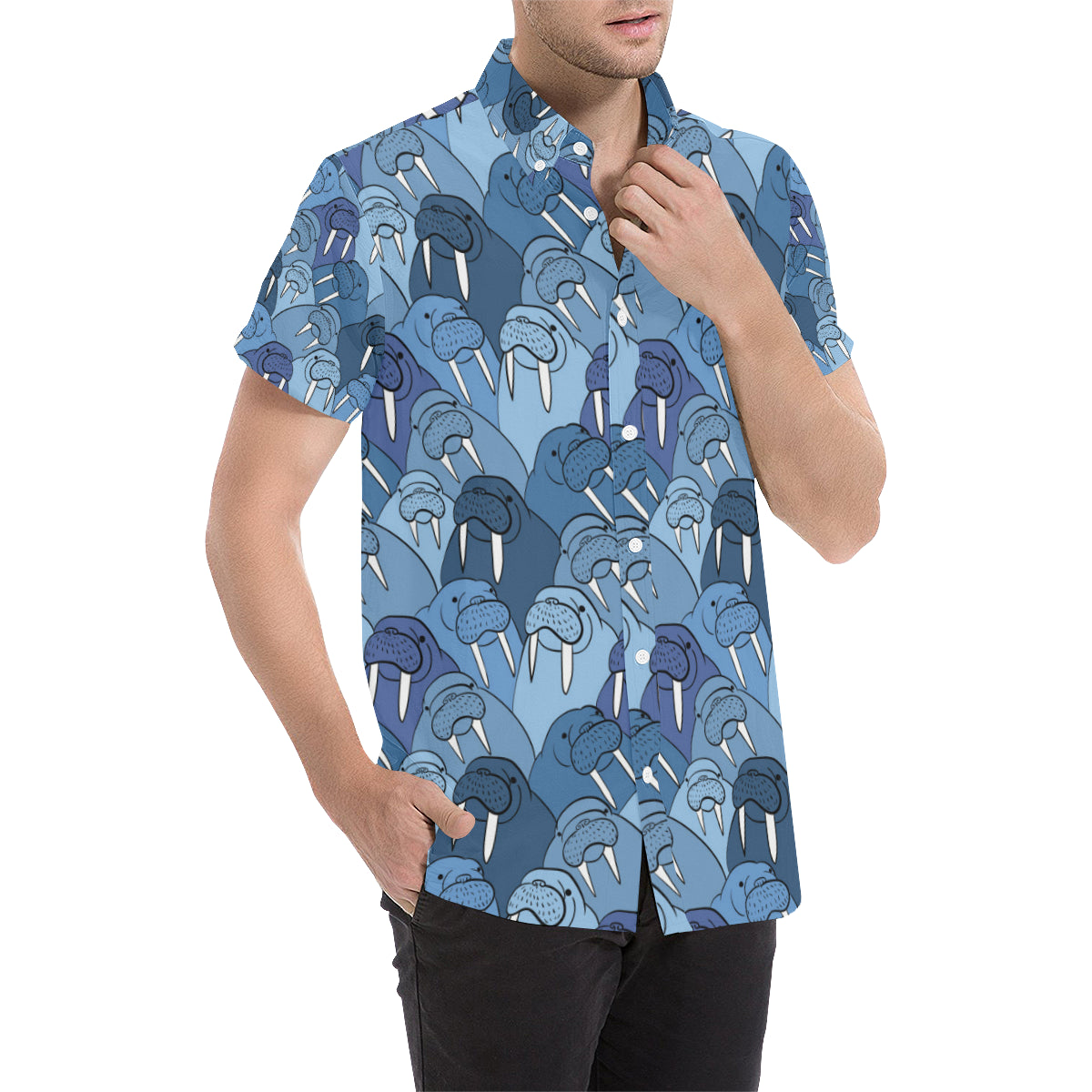 Walrus Pattern Print Design 01 Men's Short Sleeve Button Up Shirt