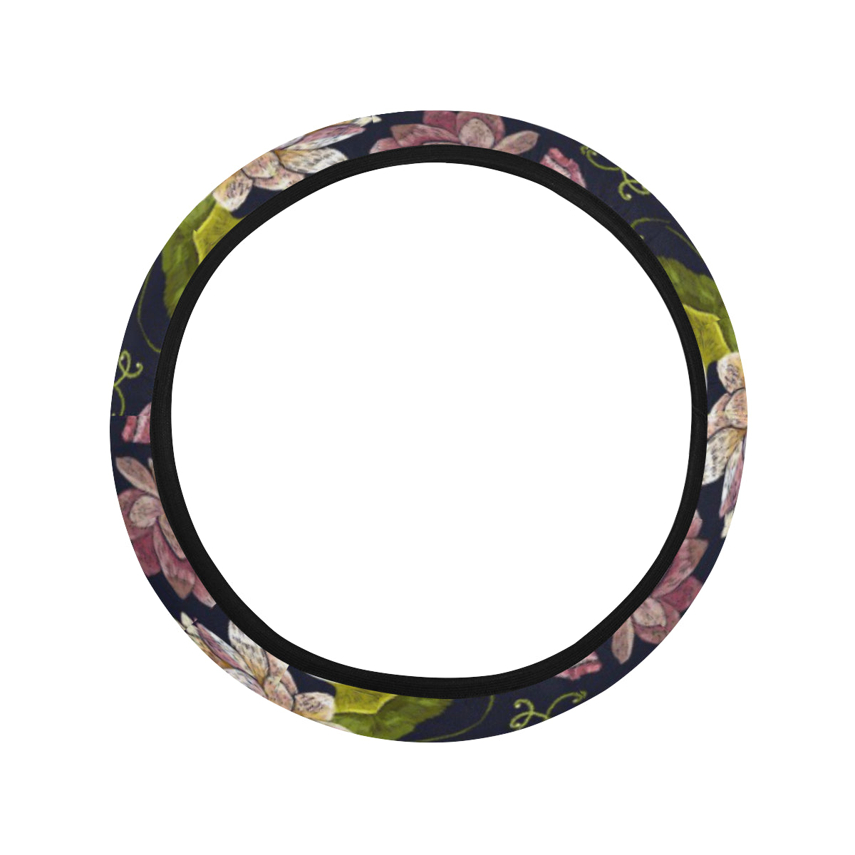 lotus Embroidered Pattern Print Design LO06 Steering Wheel Cover with Elastic Edge