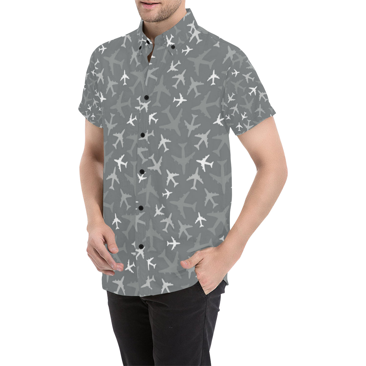 Airplane Pattern Print Design 02 Men's Short Sleeve Button Up Shirt