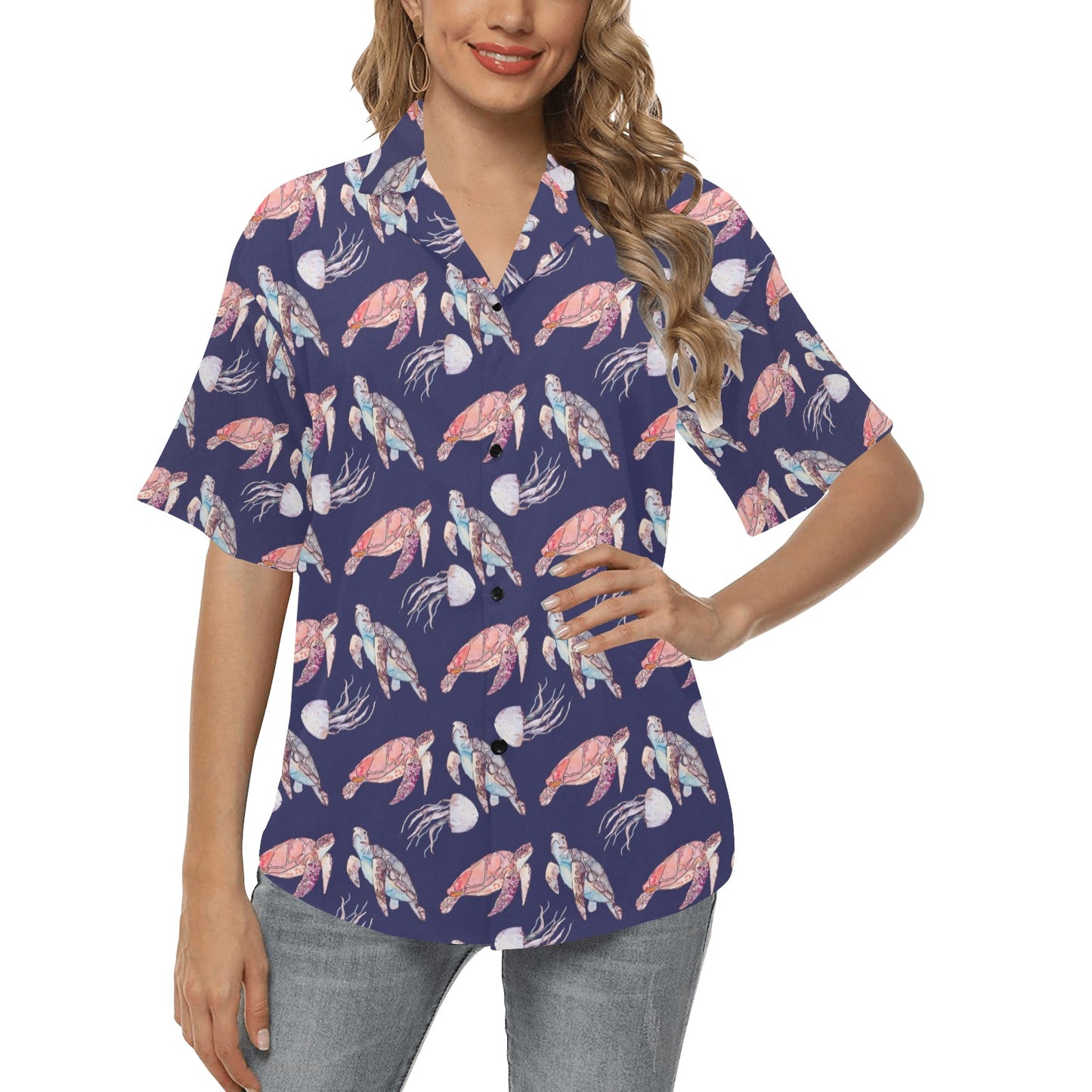 Sea Turtle With Jelly Fish Print Design LKS301 Women's Hawaiian Shirt