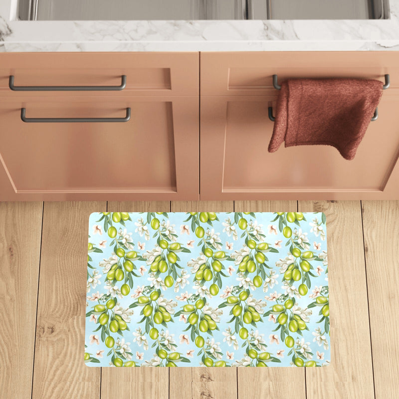 Elegant Olive Floral Print Kitchen Mat