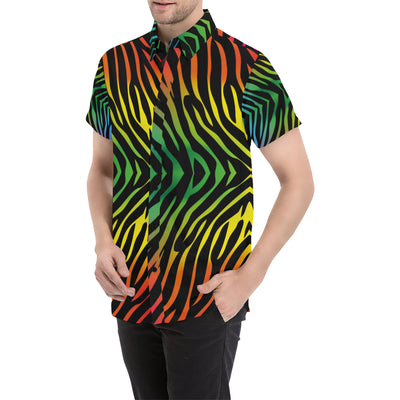 Rainbow Zebra Themed Print Men's Short Sleeve Button Up Shirt