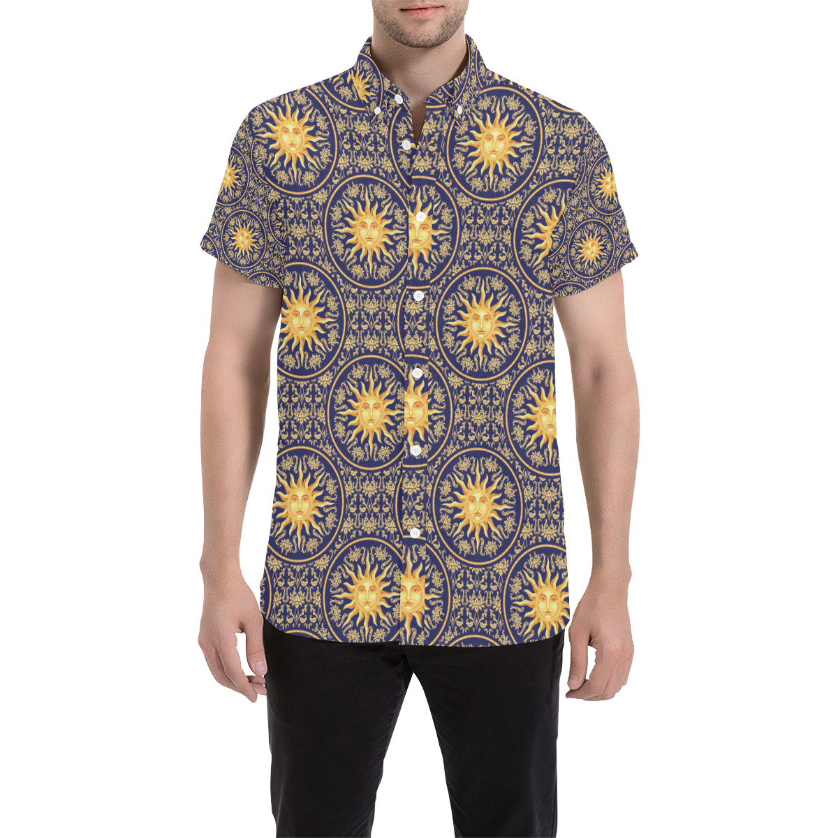 Celestial Gold Sun Face Men's Short Sleeve Button Up Shirt