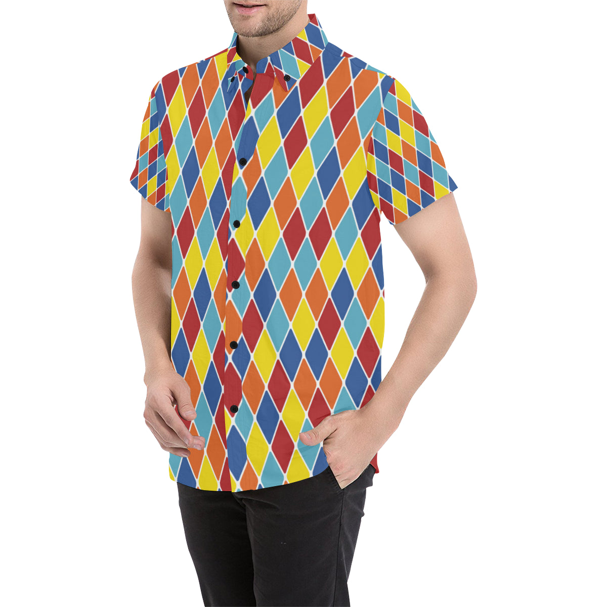 Harlequin Pattern Print Design 01 Men's Short Sleeve Button Up Shirt