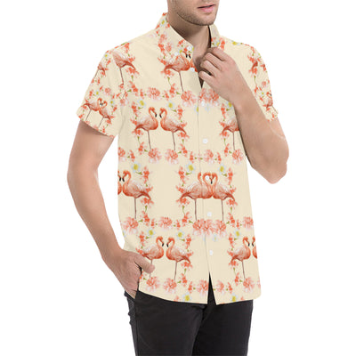 Flamingo Hibiscus Print Pattern Men's Short Sleeve Button Up Shirt