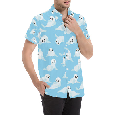 Sea Lion Cute Pattern Print Design 03 Men's Short Sleeve Button Up Shirt