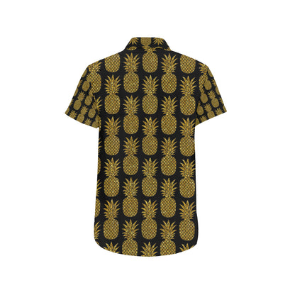 Gold Pineapple Pattern Print Design PP011 Men's Short Sleeve Button Up Shirt