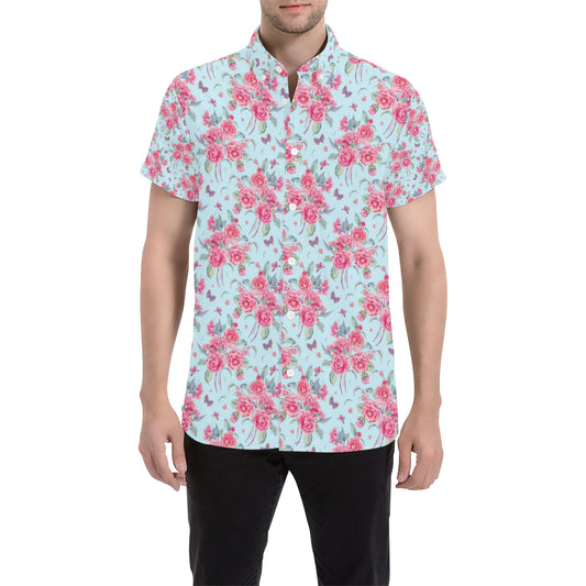 Camellia Pattern Print Design 01 Men's Short Sleeve Button Up Shirt