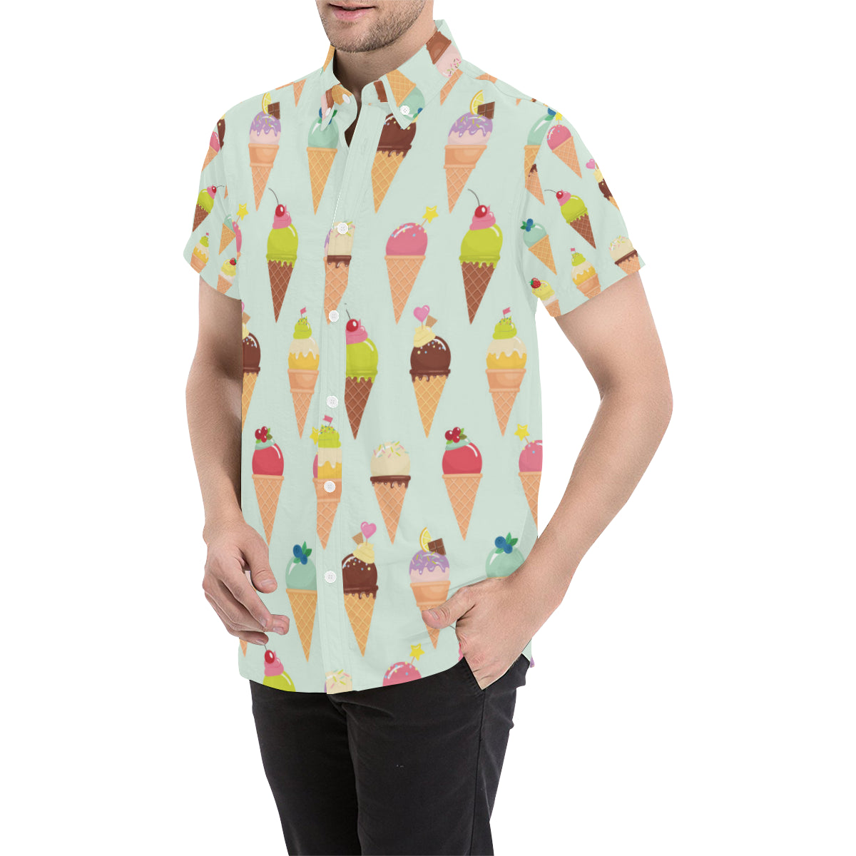 Ice Cream Pattern Print Design 03 Men's Short Sleeve Button Up Shirt