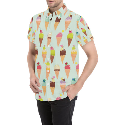 Ice Cream Pattern Print Design 03 Men's Short Sleeve Button Up Shirt