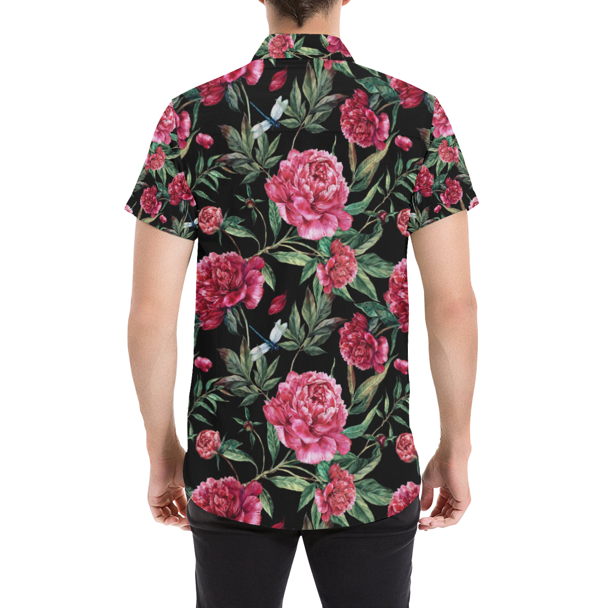 Peony Pattern Print Design PE04 Men's Short Sleeve Button Up Shirt