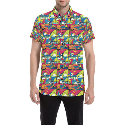 Dinosaur Comic Pop Art Style Men's Short Sleeve Button Up Shirt