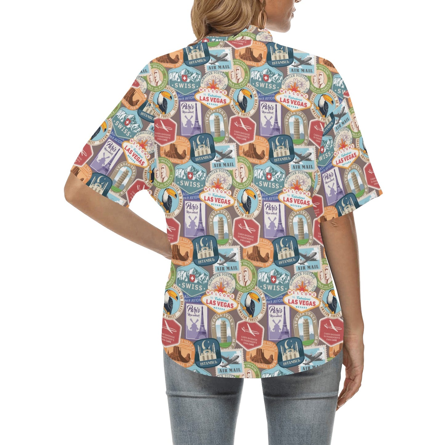 Travel Stamp Print Design LKS301 Women's Hawaiian Shirt