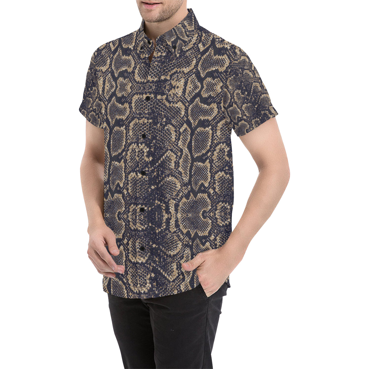 Snake Skin Pattern Print Men's Short Sleeve Button Up Shirt
