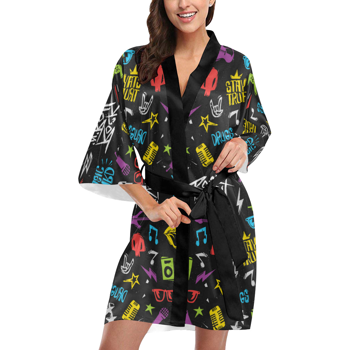Rock and Roll Pattern Print Design A02 Women's Short Kimono