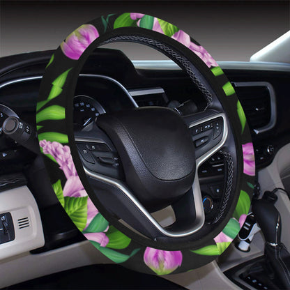 Bright Purple Floral Pattern Steering Wheel Cover with Elastic Edge