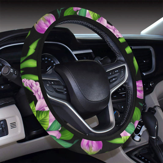 Bright Purple Floral Pattern Steering Wheel Cover with Elastic Edge