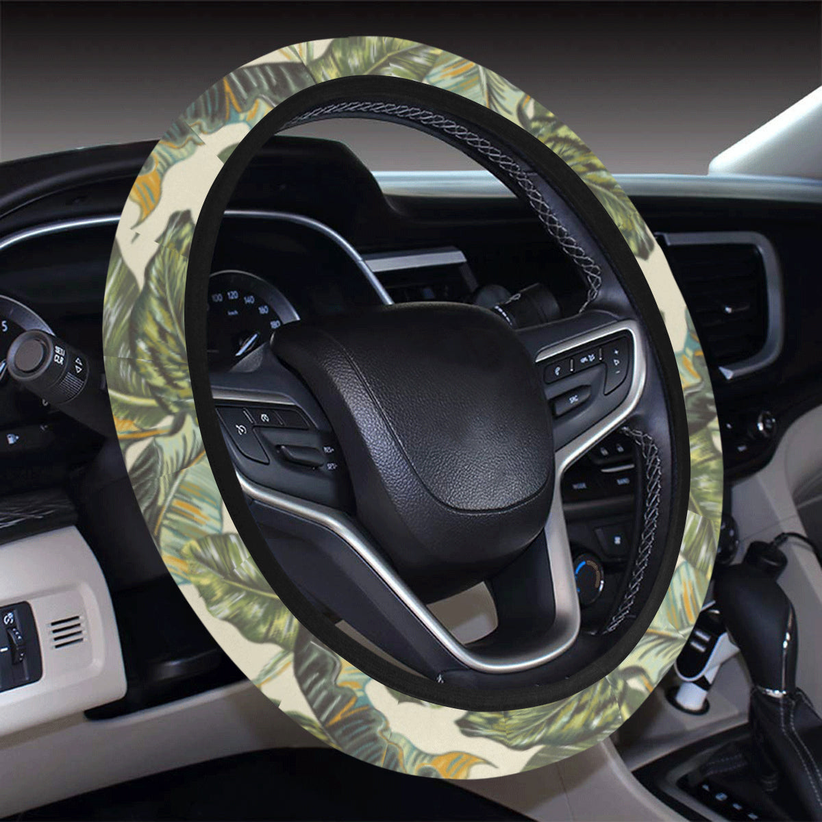 Banana Leaf Pattern Print Design 04 Steering Wheel Cover with Elastic Edge