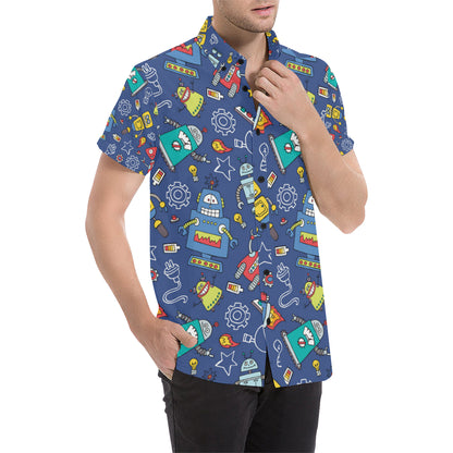 Robot Pattern Print Design A03 Men's Short Sleeve Button Up Shirt