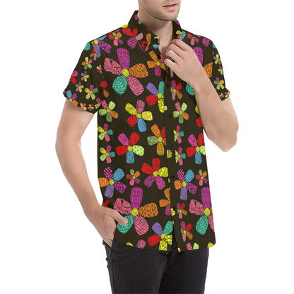 Flower Power Colorful Print Pattern Men's Short Sleeve Button Up Shirt