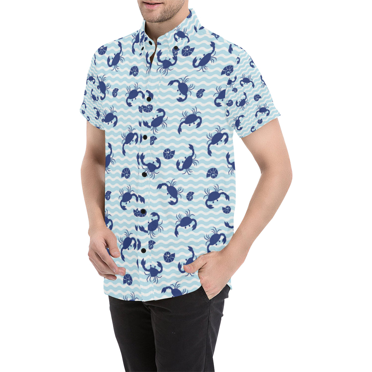 Crab Pattern Print Design 04 Men's Short Sleeve Button Up Shirt