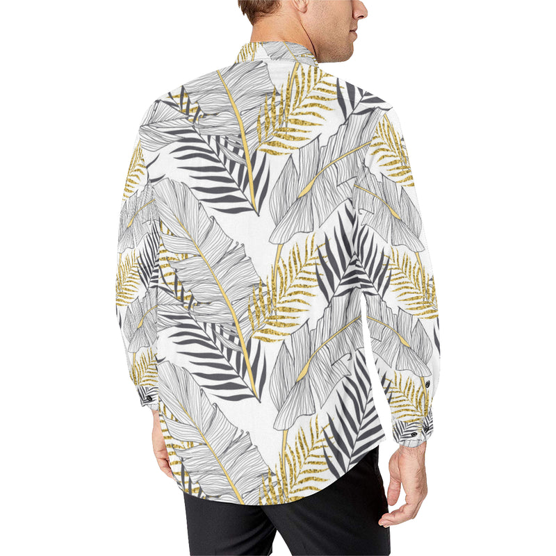 Gold Glitter Tropical Palm Leaves Men's Long Sleeve Shirt