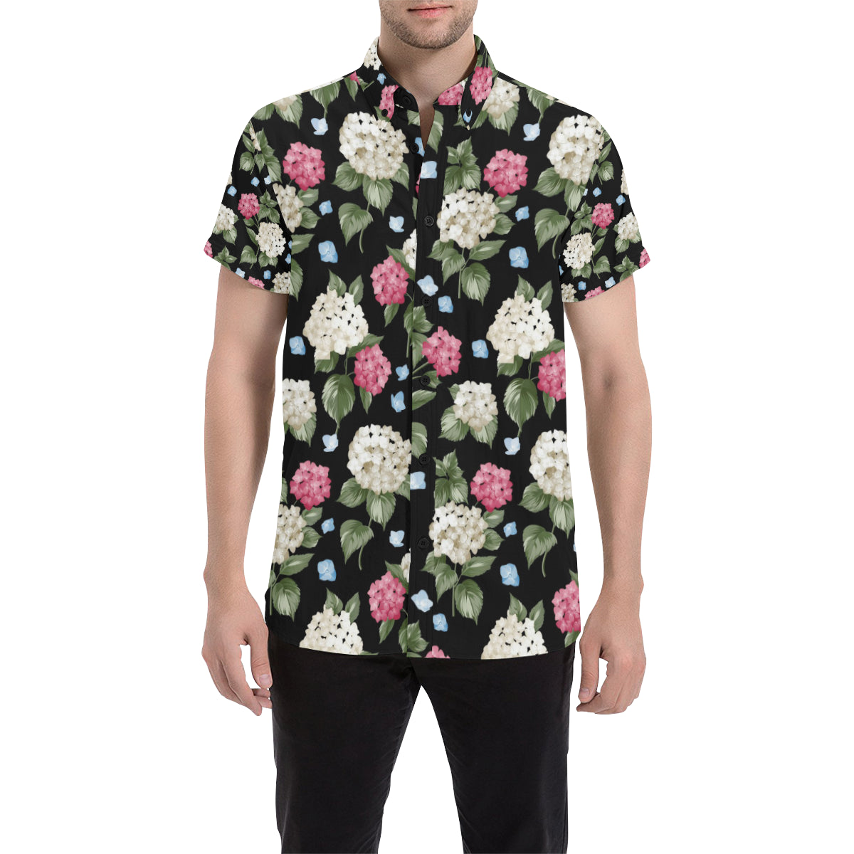 Hydrangea Pattern Print Design HD09 Men's Short Sleeve Button Up Shirt