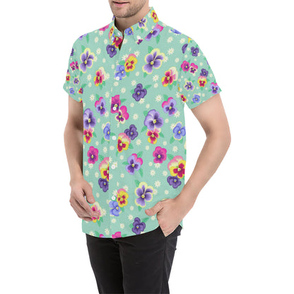 Pansy Pattern Print Design PS08 Men's Short Sleeve Button Up Shirt