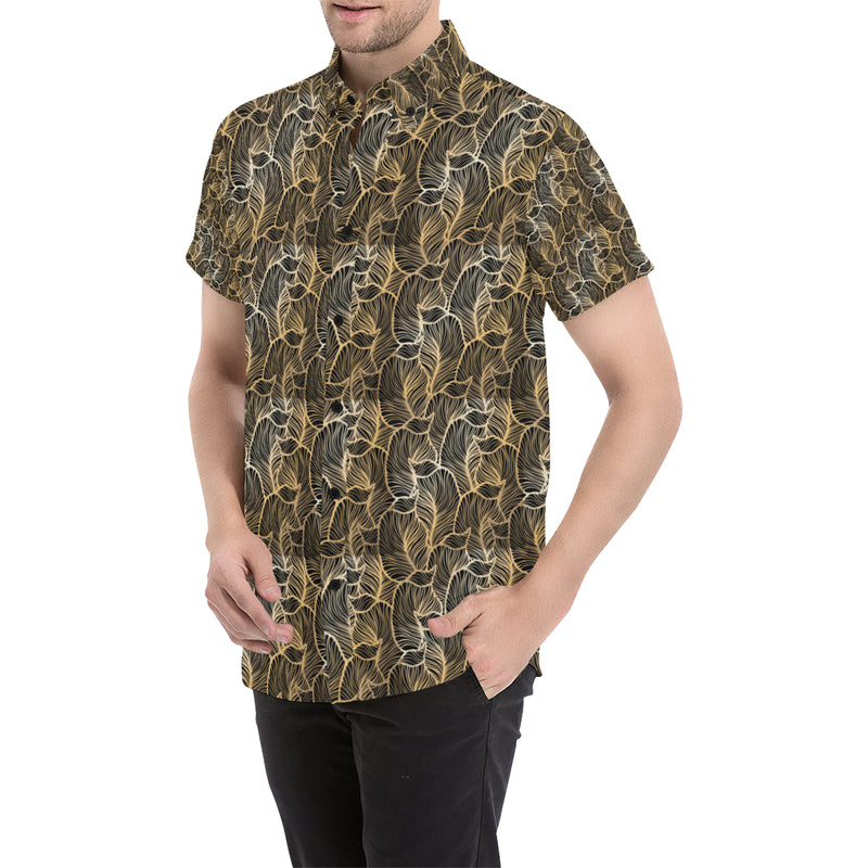 Elegant Gold leaf Print Men's Short Sleeve Button Up Shirt