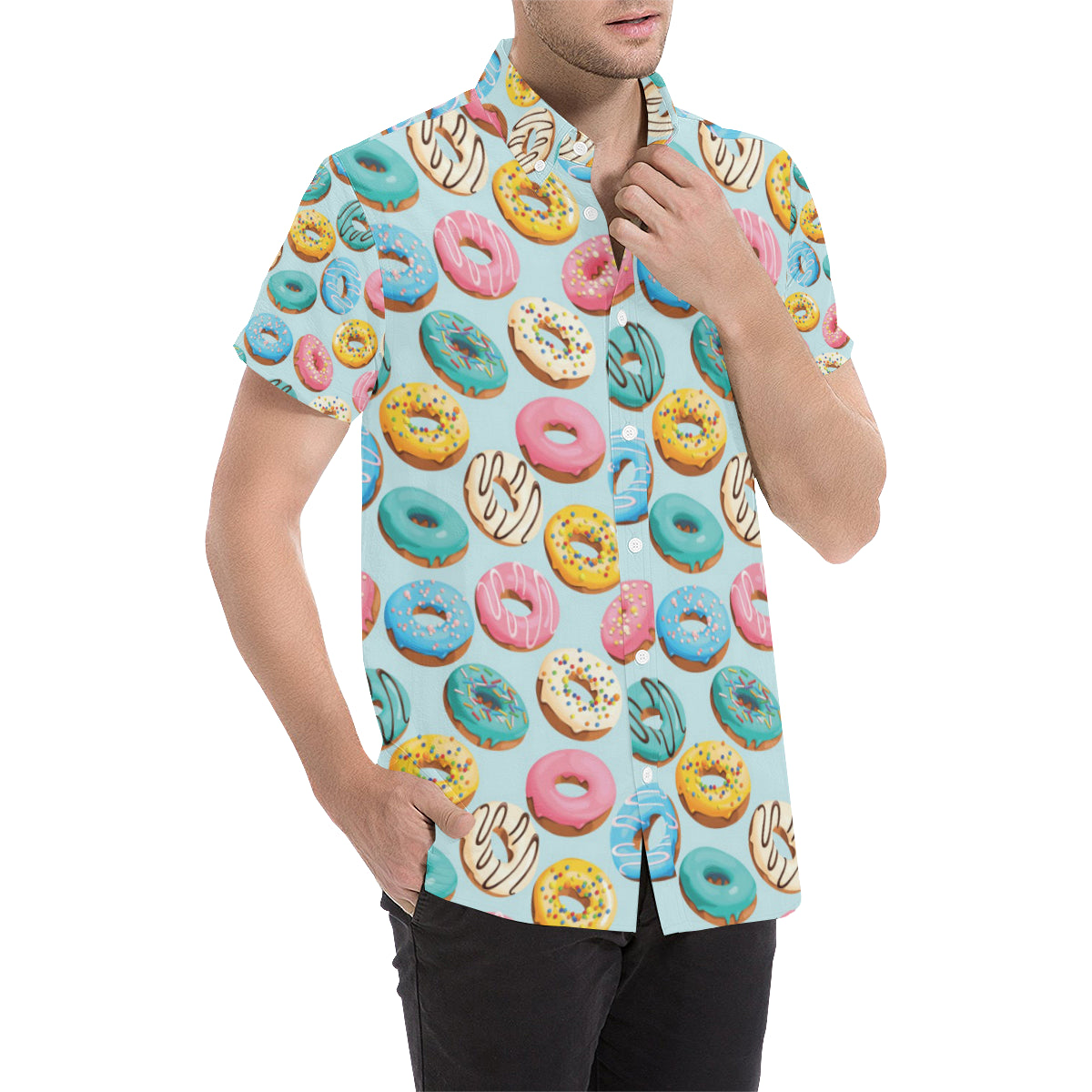 Donut Pattern Print Design DN05 Men's Short Sleeve Button Up Shirt
