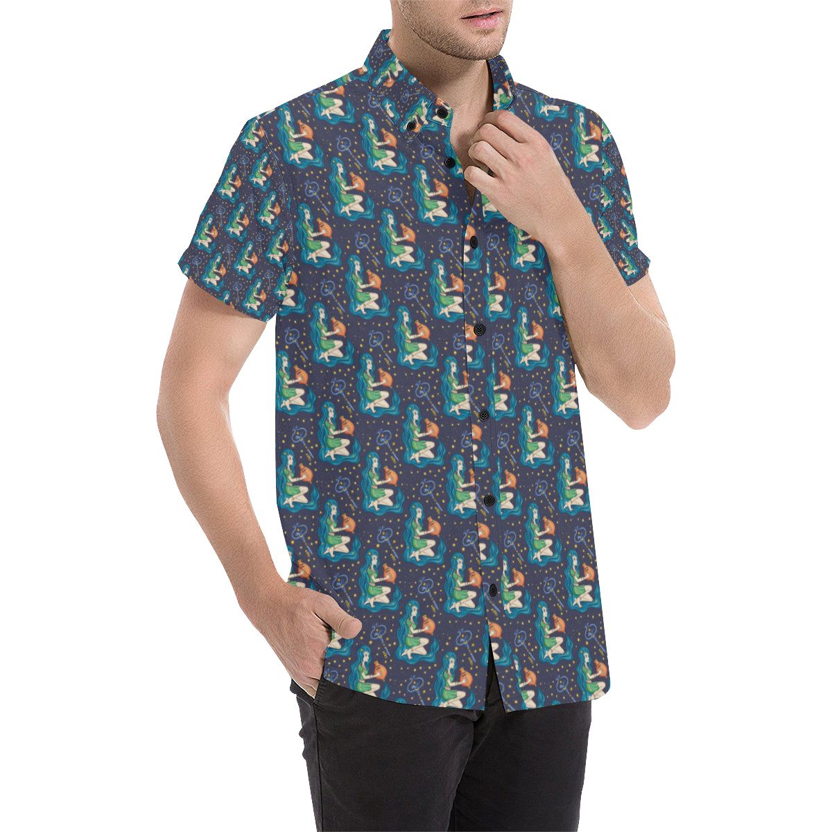 Aquarius Zodiac Pattern Print Design 03 Men's Short Sleeve Button Up Shirt