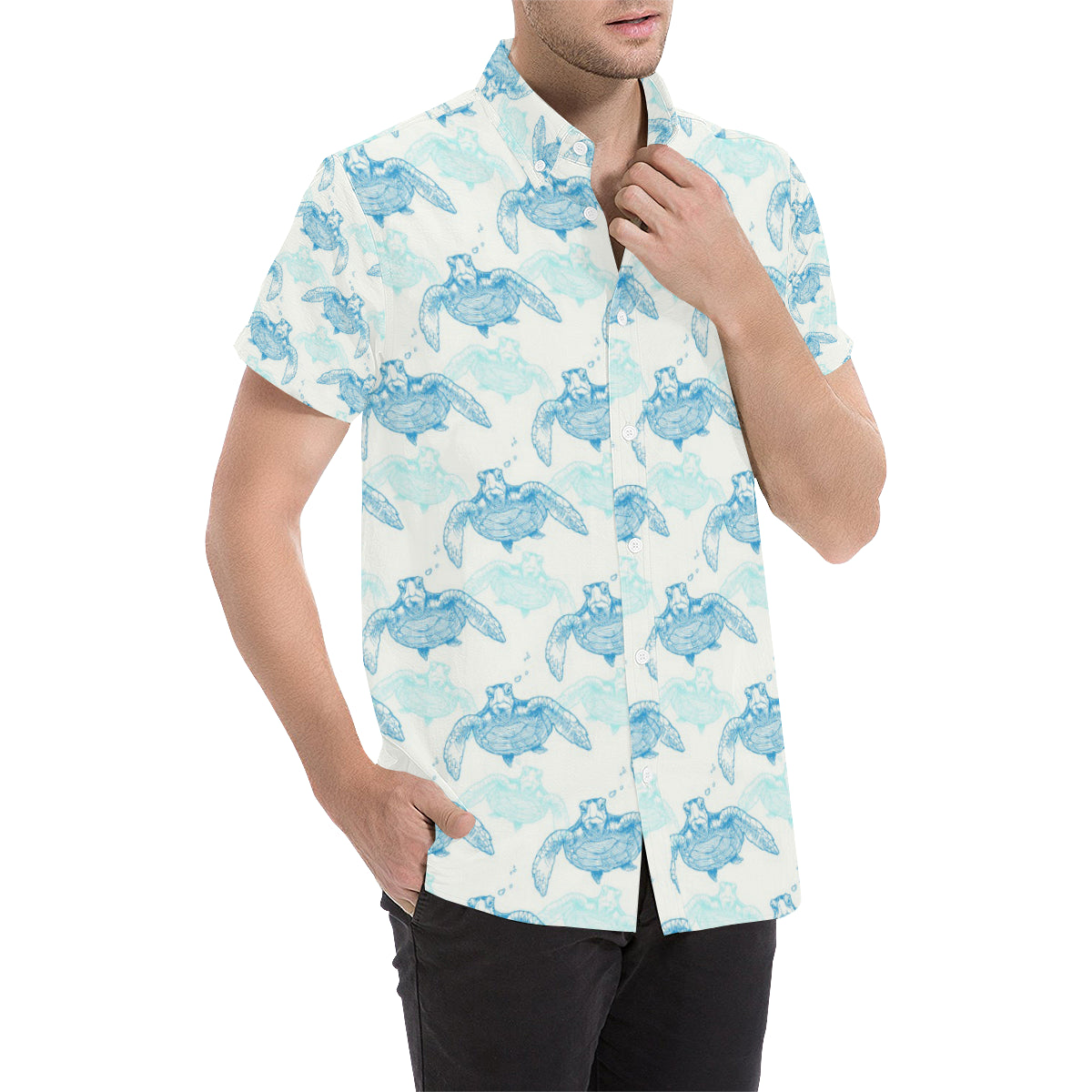 Sea Turtle Pattern Print Design T01 Men's Short Sleeve Button Up Shirt