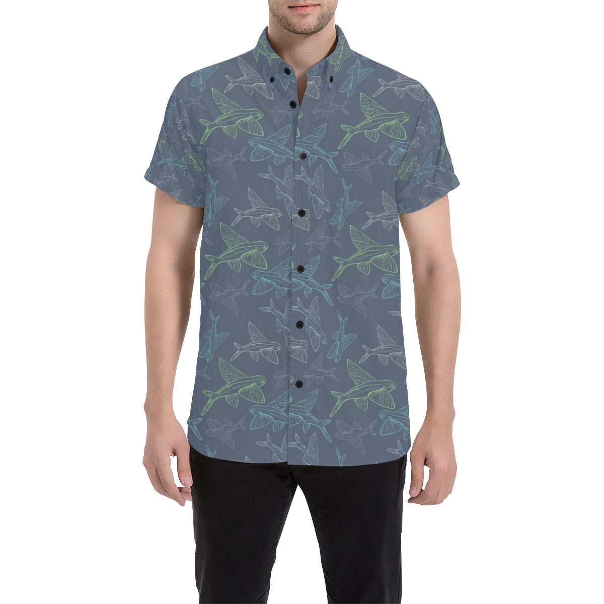 Flying Fish Pattern Print Design 02 Men's Short Sleeve Button Up Shirt