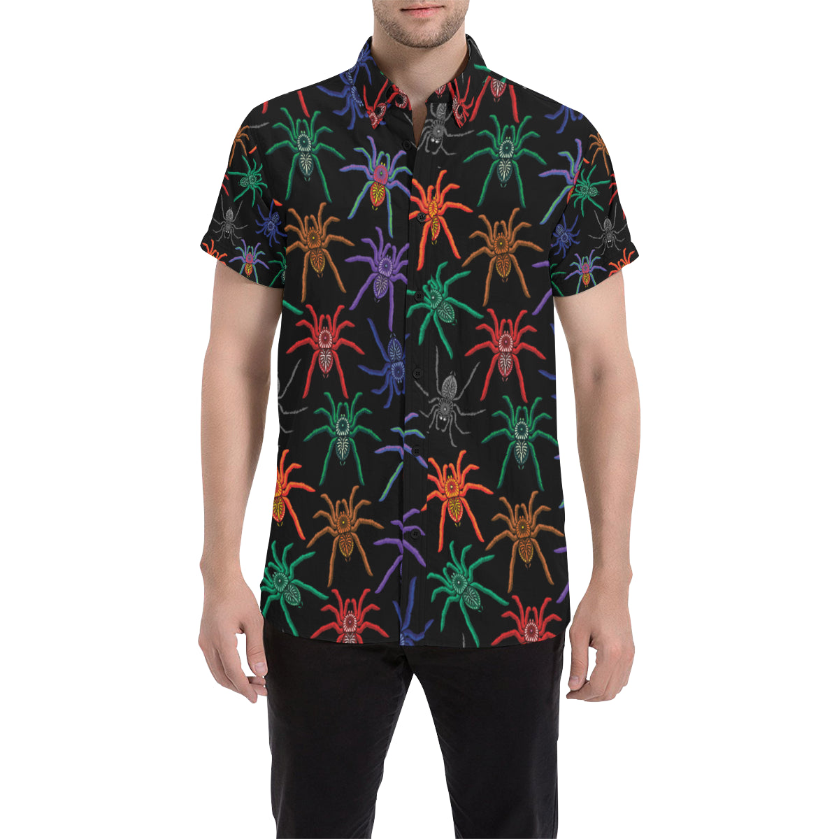 Tarantula Neon Color Pattern Print Design 03 Men's Short Sleeve Button Up Shirt