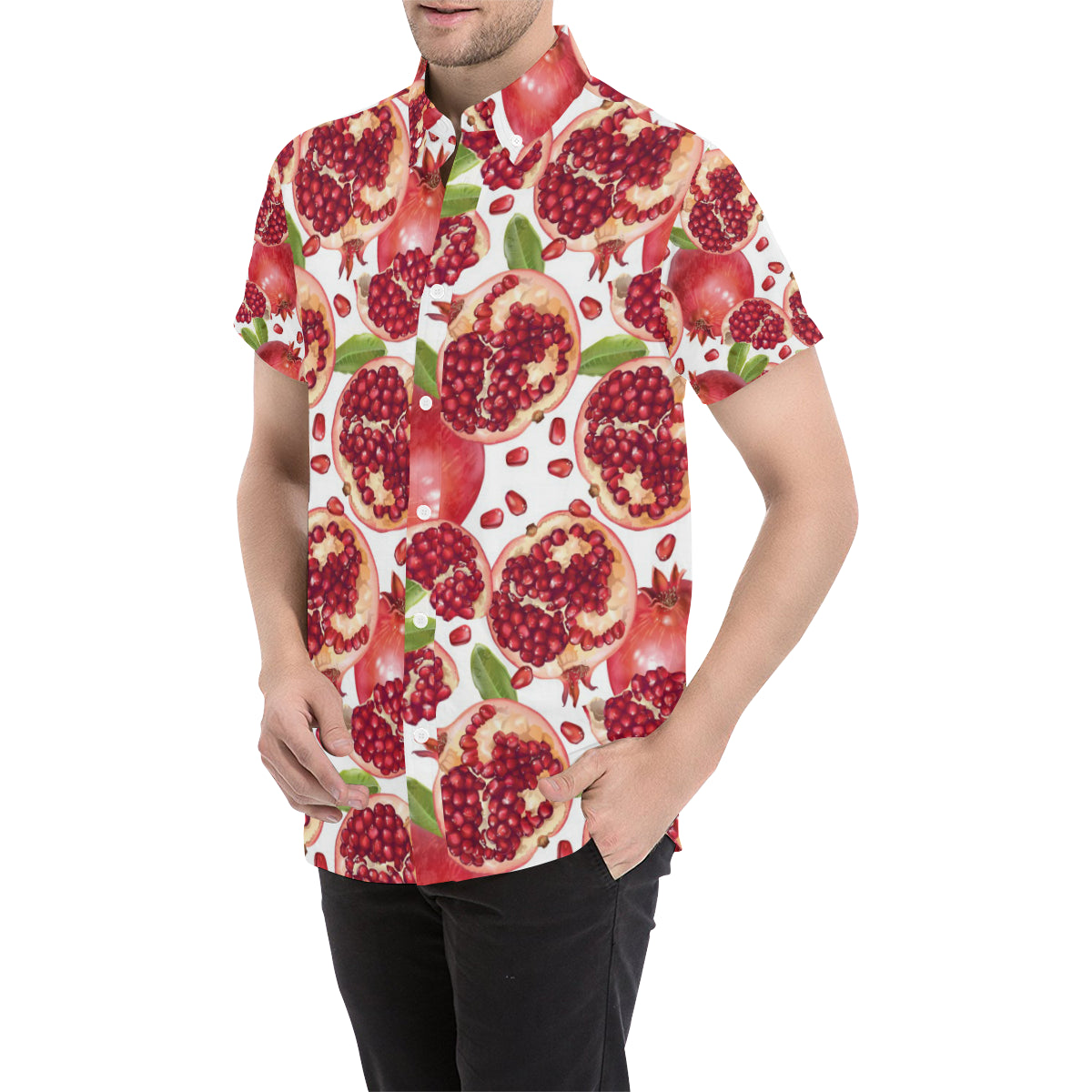 Pomegranate Pattern Print Design PG03 Men's Short Sleeve Button Up Shirt