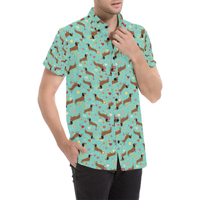 Dachshund with Floral Print Pattern Men's Short Sleeve Button Up Shirt