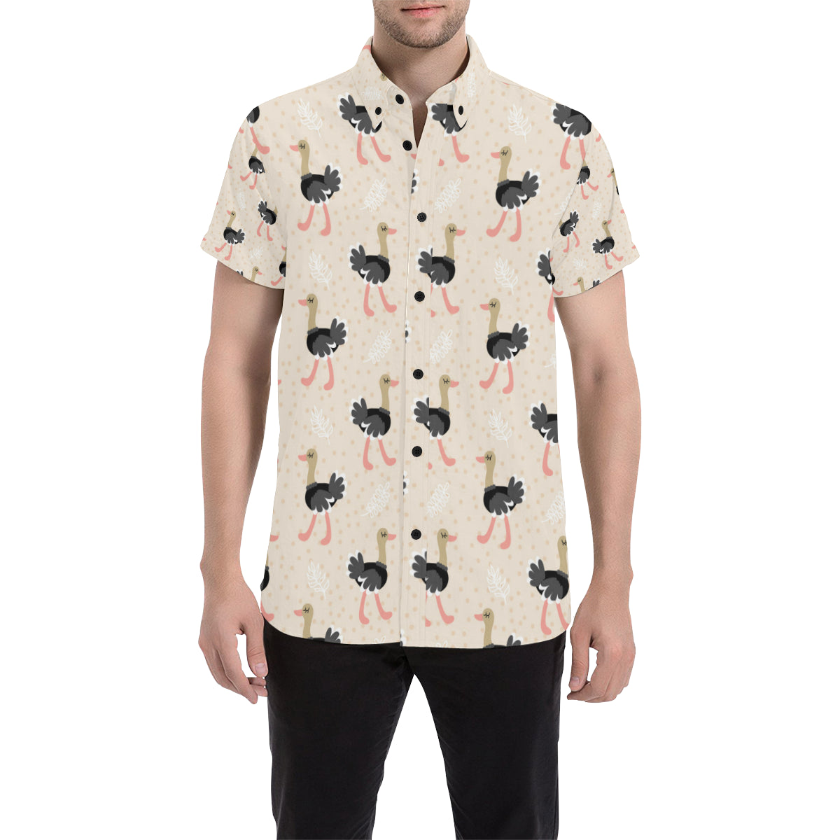 Ostrich Pattern Print Design 02 Men's Short Sleeve Button Up Shirt