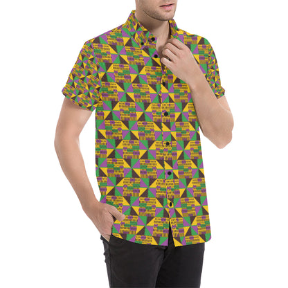Kente Triangle Design African Print Men's Short Sleeve Button Up Shirt