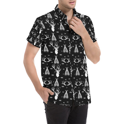 Deer Native Indian Print Pattern Men's Short Sleeve Button Up Shirt