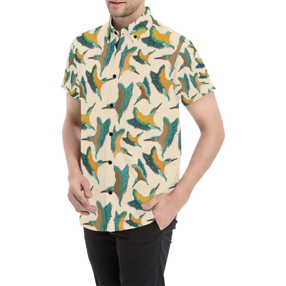 Kingfisher Pattern Print Design 02 Men's Short Sleeve Button Up Shirt