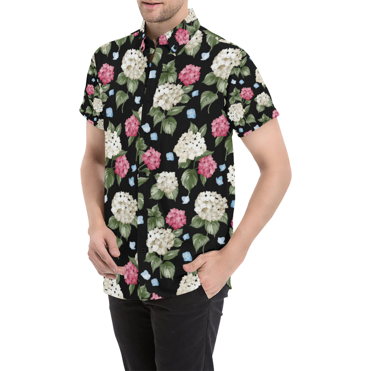 Hydrangea Pattern Print Design HD09 Men's Short Sleeve Button Up Shirt