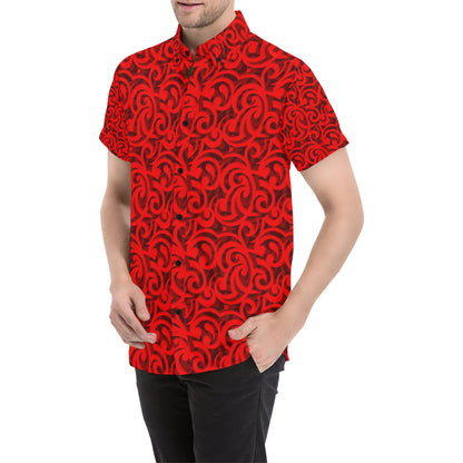 Maori Red Themed Design Print Men's Short Sleeve Button Up Shirt