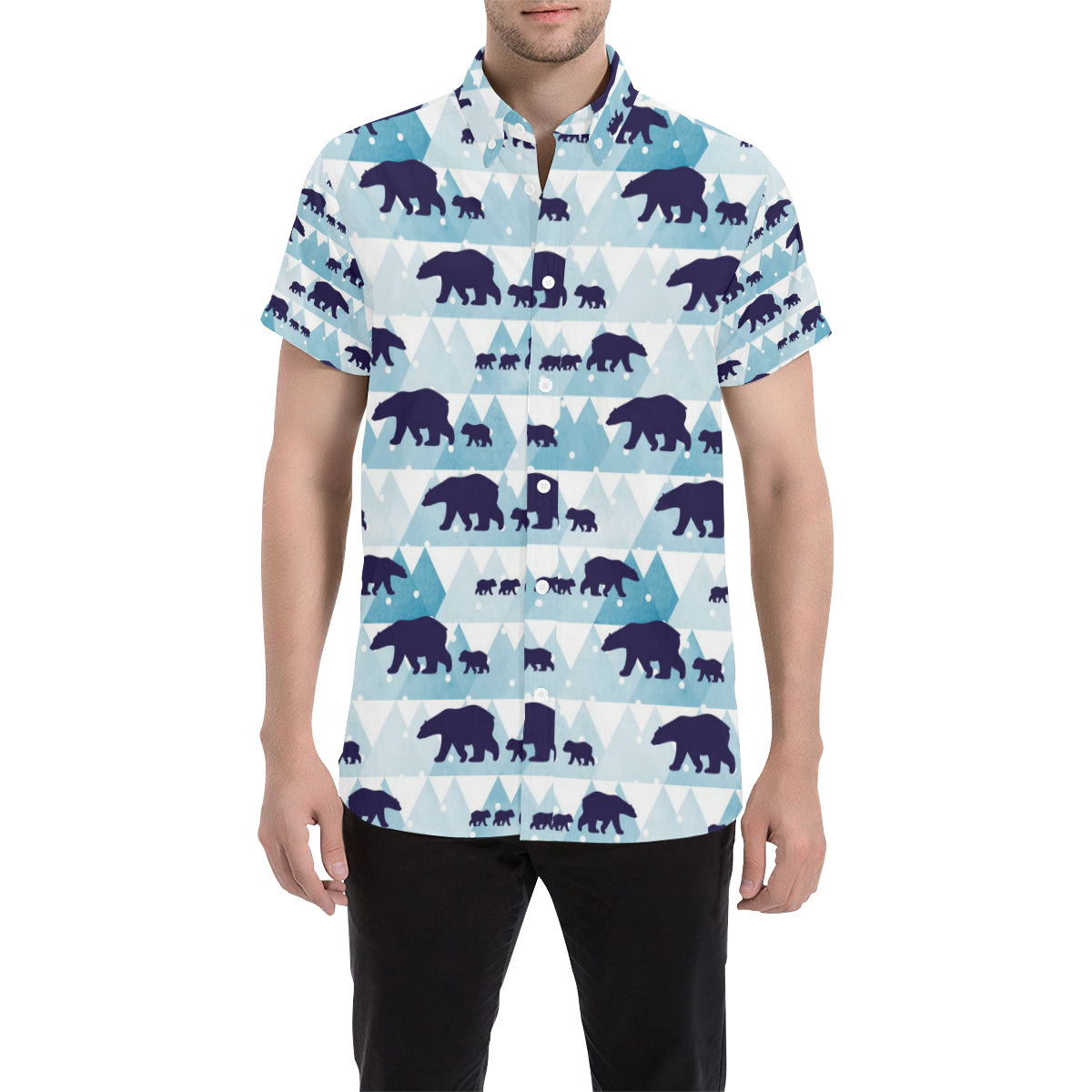 Bear Pattern Print Design BE01 Men's Short Sleeve Button Up Shirt