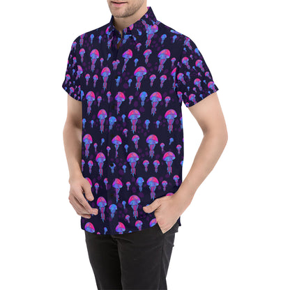 Jellyfish Neon Print Men's Short Sleeve Button Up Shirt