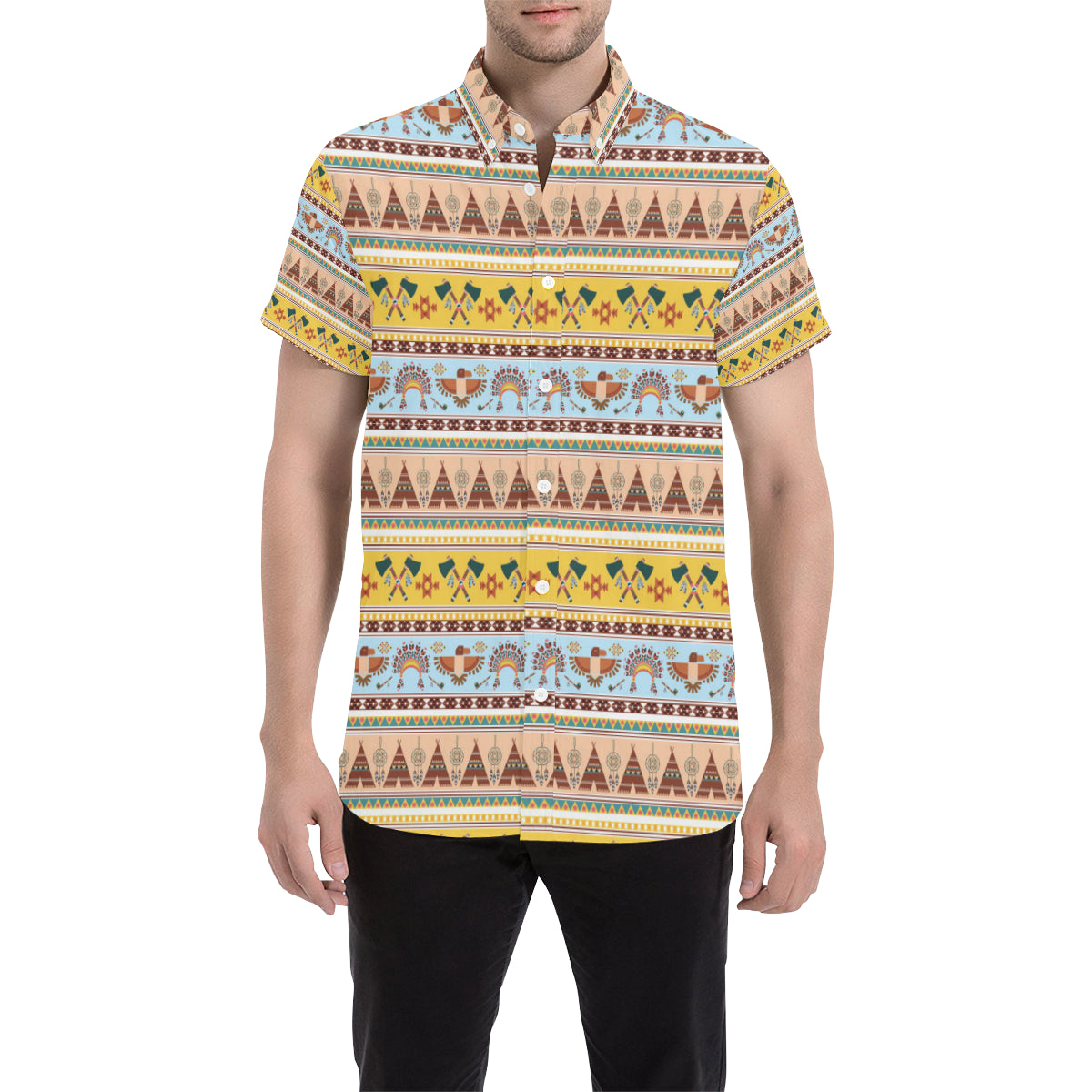 Native American Pattern Design Print Men's Short Sleeve Button Up Shirt