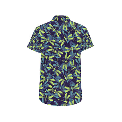 Dragonfly Lime Blue Print Pattern Men's Short Sleeve Button Up Shirt