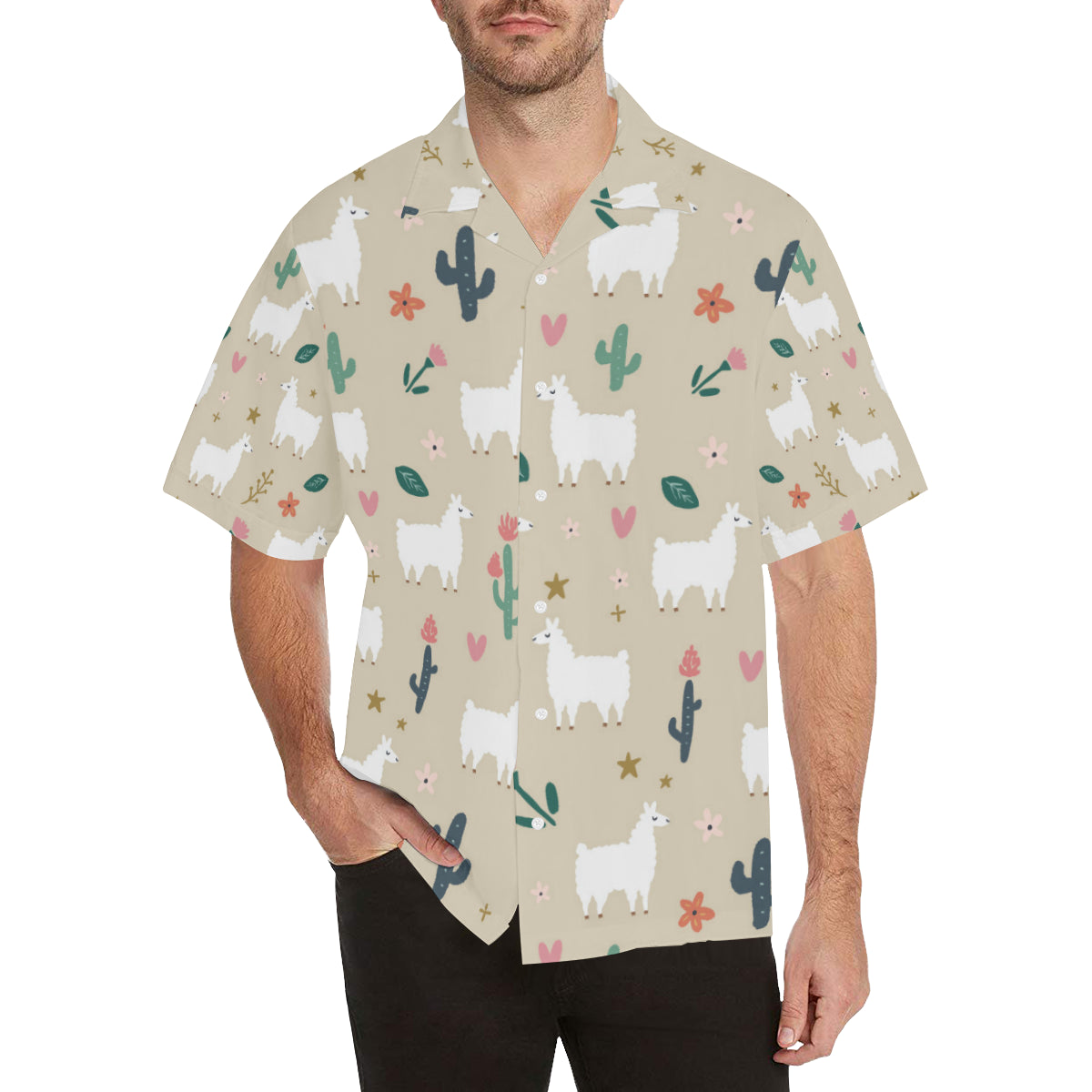 Llama Cactus Pattern Print Design 09 Men's Hawaiian Shirt