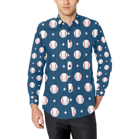 Baseball Star Print Pattern Men's Long Sleeve Shirt